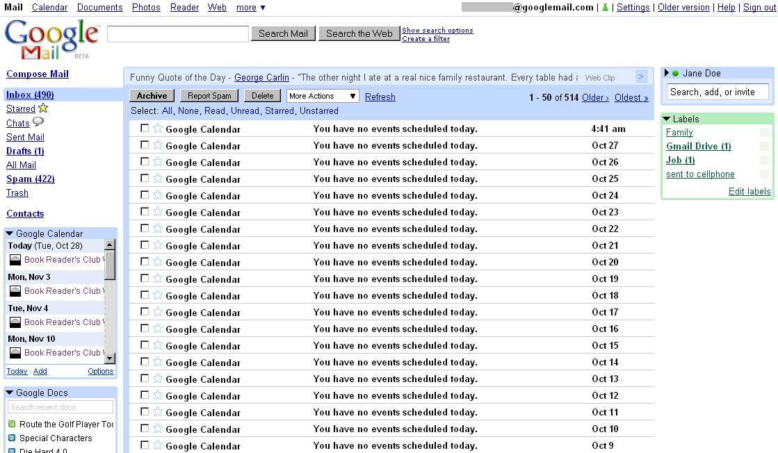 Gmail user interface in 2008