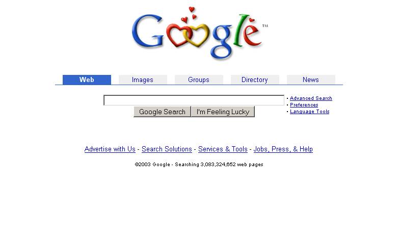 Google.com 1997-2011  On this screen from 2004, Google celebrates Valentine's Day. Not much else  is new on the homepage, but the index size increased a whalopping 1 billion  pages ...