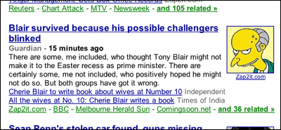 The headline reads ’Blair survived because his possible challengers blinked.’ The image shows Homer Simpson’s creepy boss.