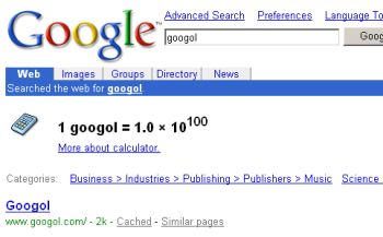 Google Calculator understands "Googol"