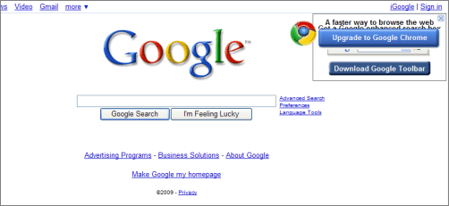[Google in two layers in the same position offers you to both download Google Toolbar, and upgrade to Google Chrome]
