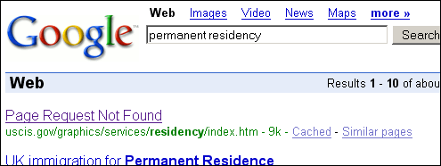 A search for [permanent residency] returns ’Page Request Not Found’